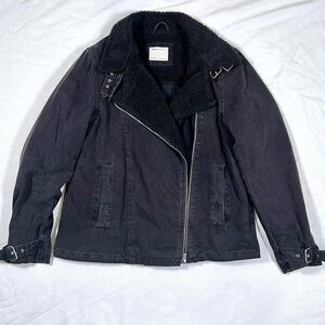 Asos Washed Denim Shearling Black Jacket Moto Biker Zip Up uk12 Large